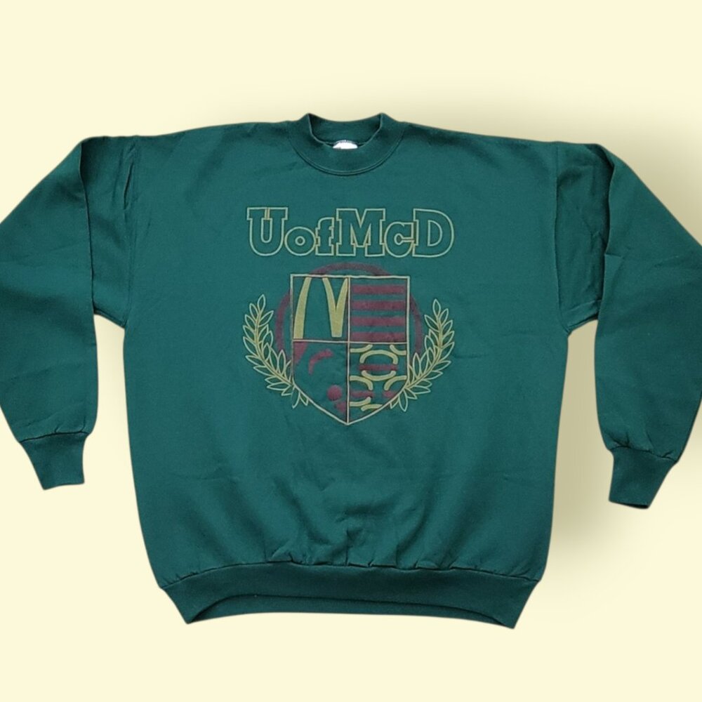 Vintage U of McD Sweatshirt Hanes USA Made Green Graphic Crewneck XXL